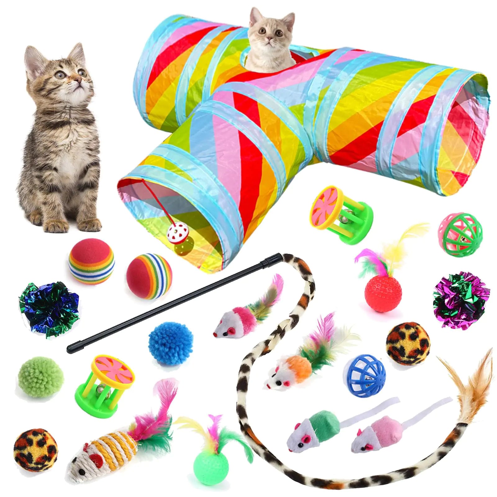 GONPETGP Cat Toys Kitten Toys for Indoor Cats Collapsible Cat Tunnels Tube Toy Bundle Pack Cat Feather Teaser Interactive Feather Toy Fluffy Mouse Crinkle Balls Play for Cat Puppy Kitten