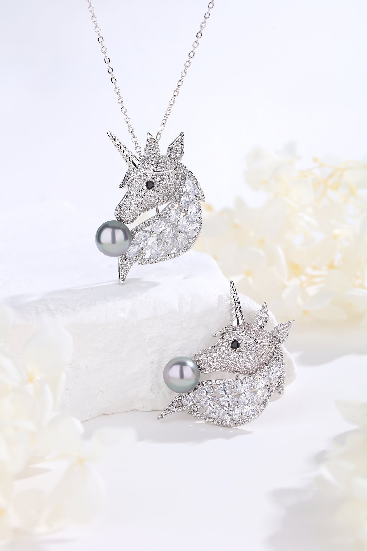 Silver Pavé Unicorn Brooch and Necklace Set