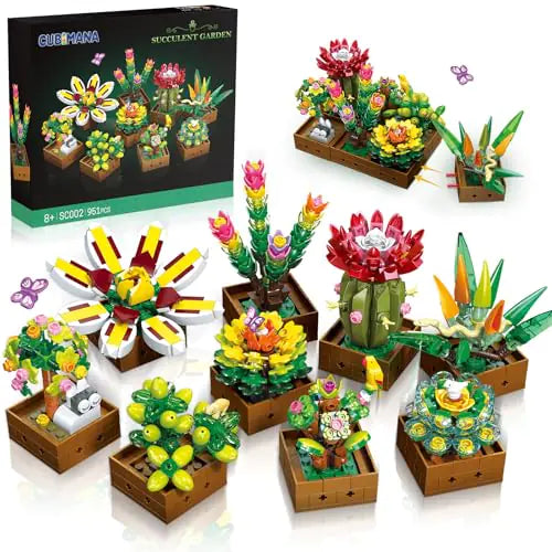 CUBIMANA 9 Succulents Plants Building Set 951 PCS Flowers Botanical Collection Bonsai Artificial Plant Set Building Blocks Toy for Home House Decor Birthday Housewarming Gift for Adults Women Kids 8+