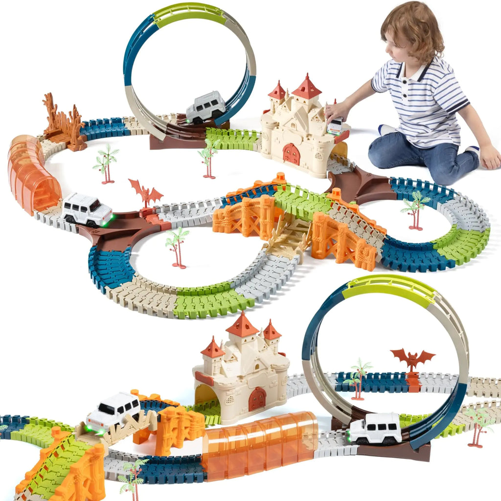 TUMAMA Race Track 202 Pcs Magic Castle Race Car Toys for Boys Girls 3 4 5 6 7 Year 360° Rotating Flexible Train Track with Cars Adventure Racetrack Educational Toy Set Kids Gift