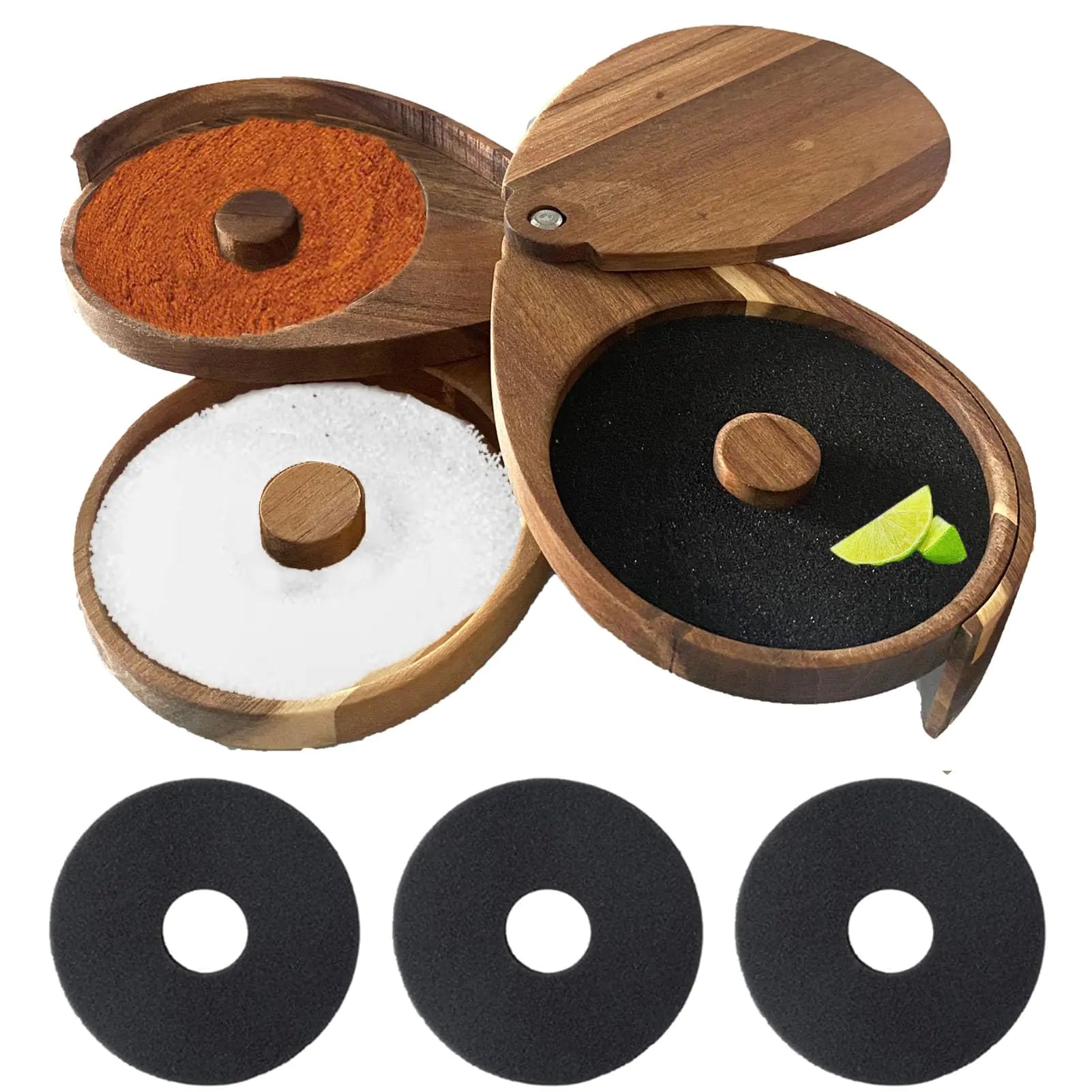 Hfpengzan Margarita Salt Rimmer Set 3 Tier Bar Glass Rimmer Brown Bamboo Sugar and Salt Rimmer Box with 3 Sponges for Manhattan Drinks Bar Party Accessories Cocktail Bartender Tool