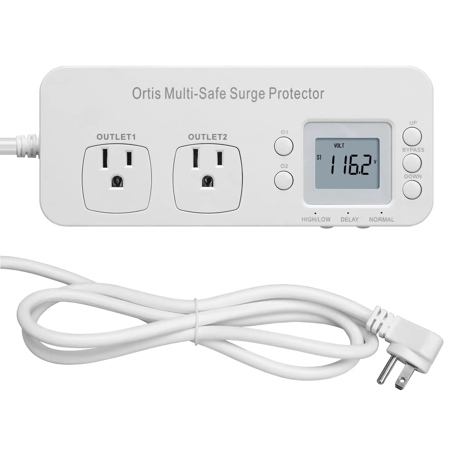 Refrigerator Surge Protector Ortis Double Outlet RV Appliance Surge Protector with Time Delay & Real-Time Electricity Usage Monitor Protects All Voltage Abnormalities White