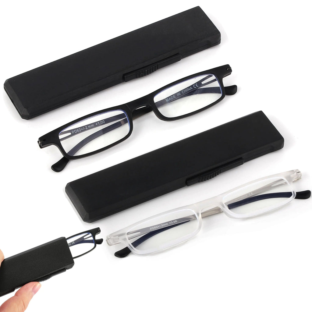 TOVEEN 2 Pack Compact Folding Reading Glasses Anti Blue Light UV Ultra-thin Slim TR90 Readers with Portable Flat Case for Men Women Clear/Black +2.5