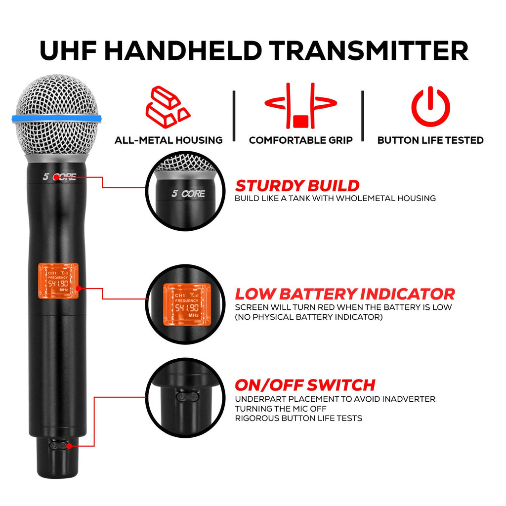 5 Core Wireless Microphone System 4 Channel UHF 492F Range Portable