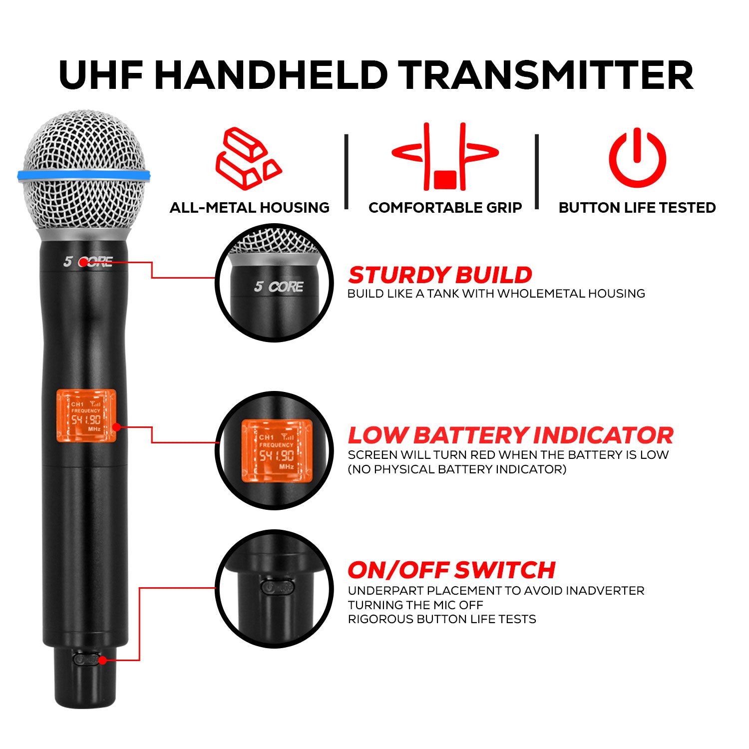 5 Core Wireless Microphone System 4 Channel UHF 492F Range Portable