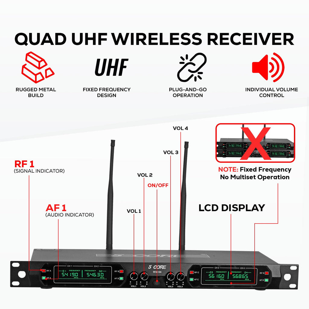 5 Core Wireless Microphone System 4 Channel UHF 492F Range Portable