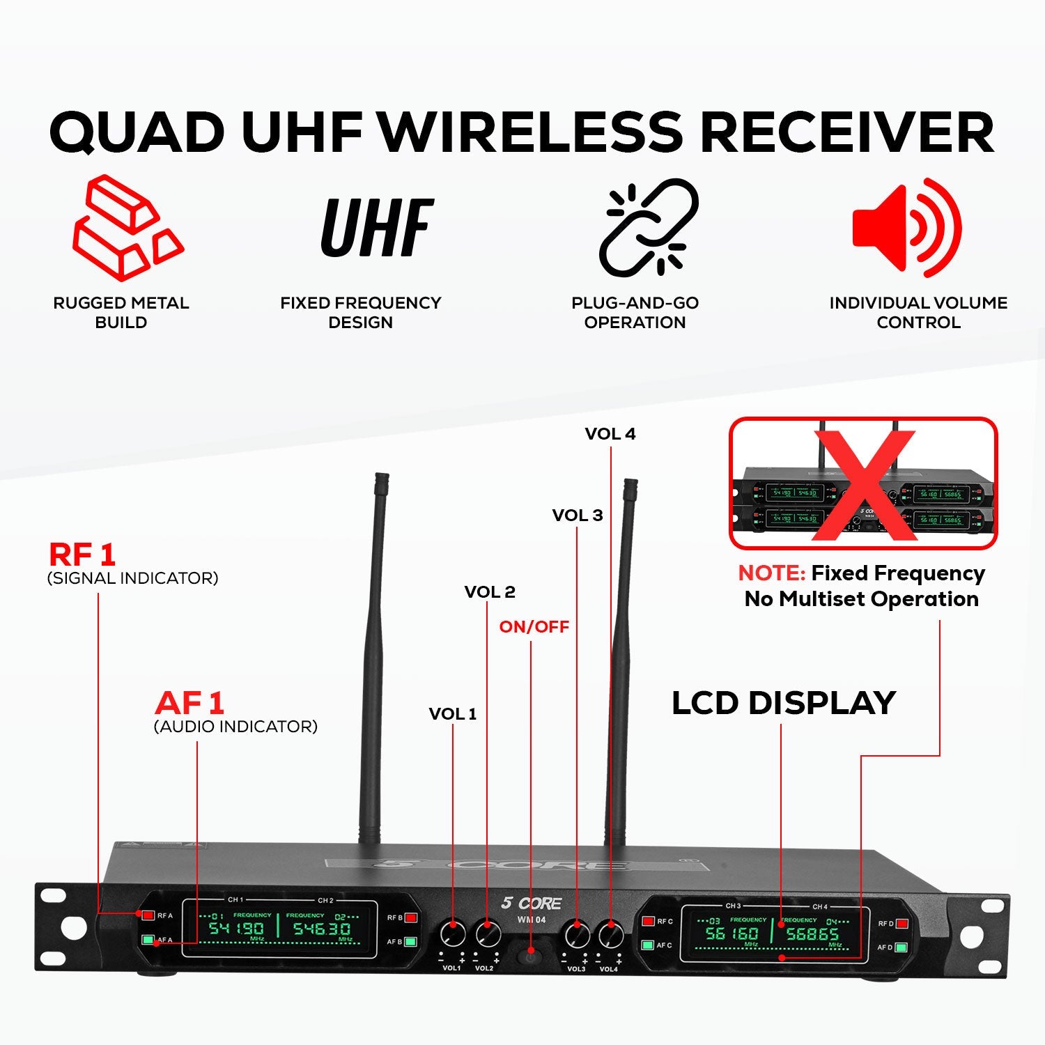 5 Core Wireless Microphone System 4 Channel UHF 492F Range Portable