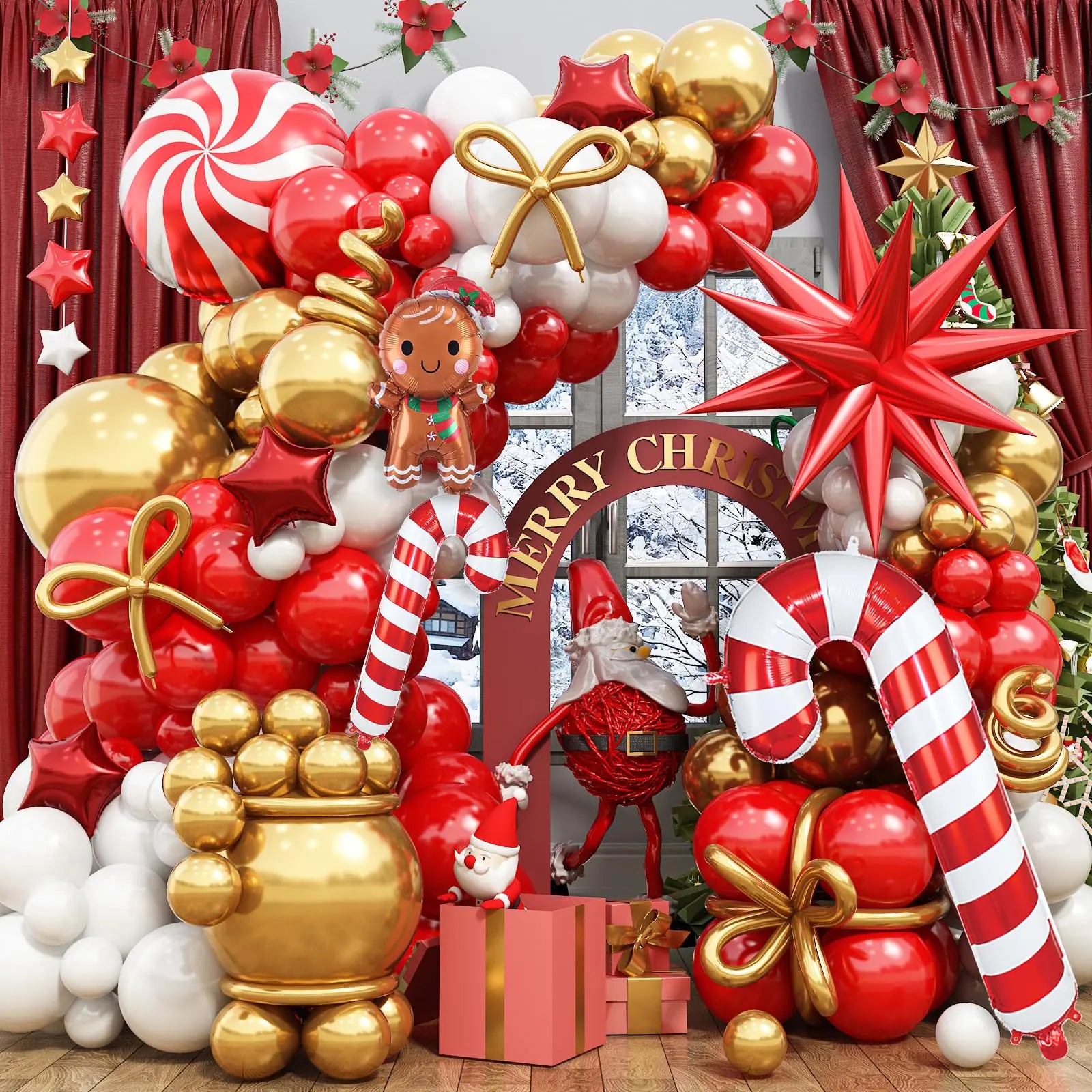 Red Christmas Balloon Garland Arch Kit Christmas Red White Gold Balloons with Big Gingerbread Cane Windmill Star Mylar Foil Balloons Metalic Gold Long Balloon for Merry Christmas Decorations