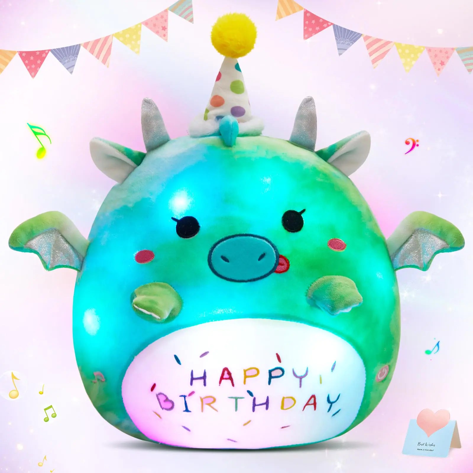BSTAOFY Light up Music Happy Birthday Dinosaur Soft Plush Pillow Birthday Stuffed Animal Dinosaur Birthday Gift for Toddler Kids Girls 15