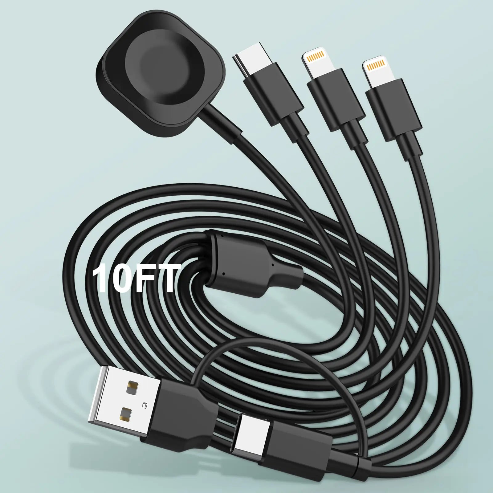6in1 Multi Charging Cable for iWatch Charger 10FT USB A/C Fast Charging Cord Cable Compatible with iWatch Ultra/SE/9/8/7/6/5/4/3 & iPhone 16/15/14/13/12/11/GalaxyUniversal Travel Charger -Black