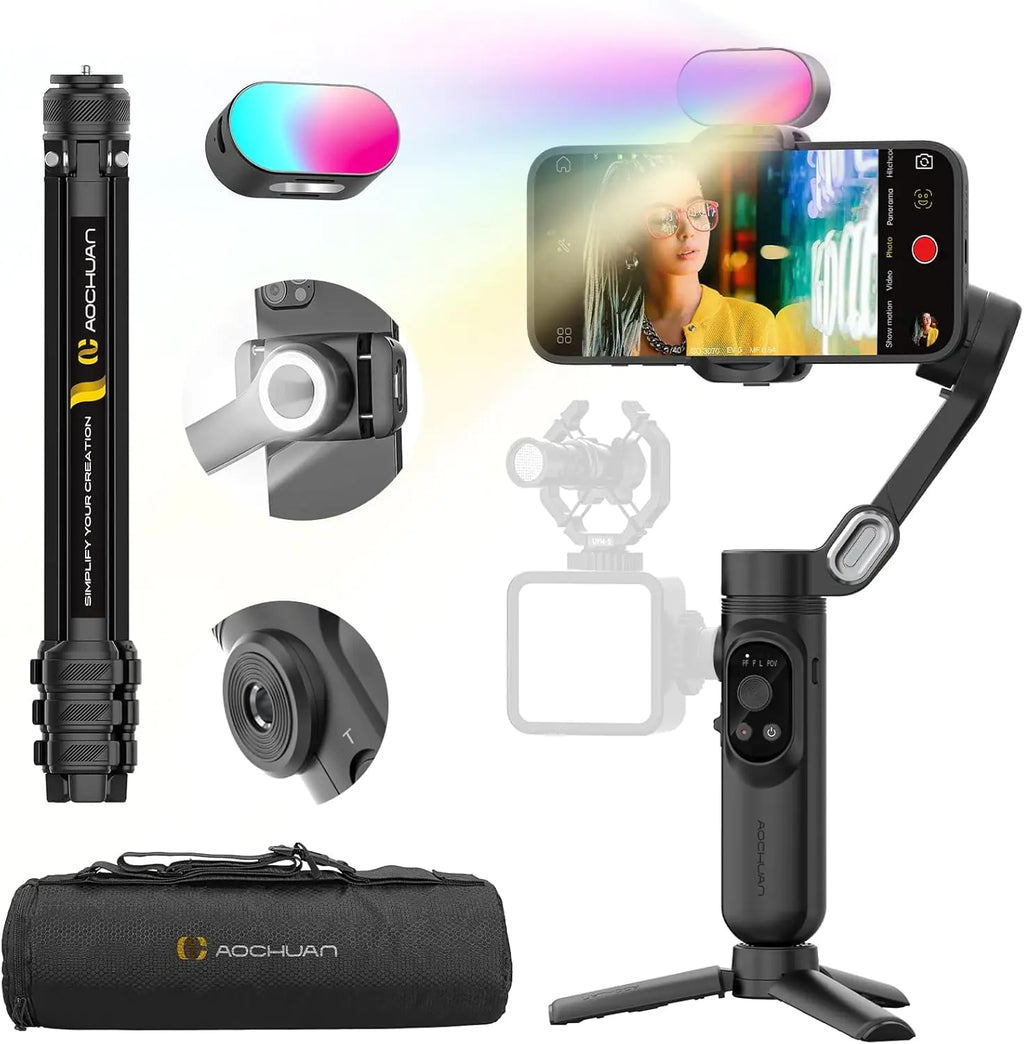 AOCHUAN 3-Axis Gimbal Stabilizer for iPhone & Android w/RGB Light Handheld Phone Gimbal for Video Recording w/AI Tracking1/4 Thread Extendable Tripod Padded Carry Bag(Smart X Complete Combo1)
