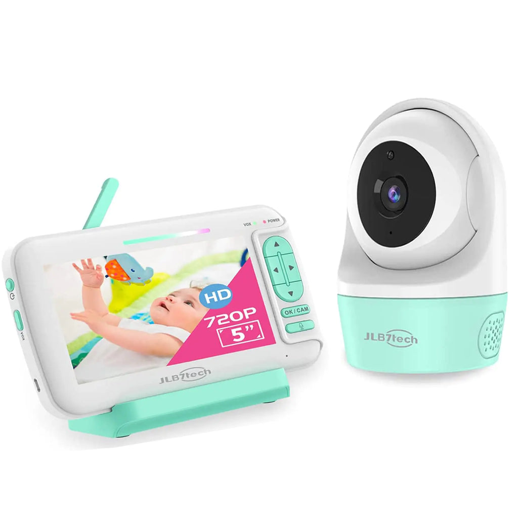 JLB7tech 5” 720P HD Video Baby Monitor with 1 Remote Camera Remote Pan/Tilt/Zoom High Definition Portable Charging Cradle Two-Way Audio Auto Night Vision 5 Lullabies No WiFi Up to 4 Cameras