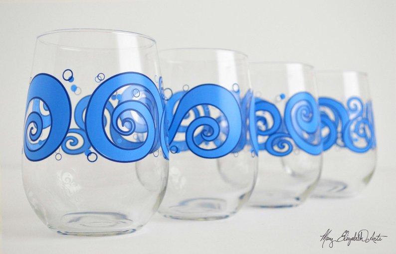 Beach Theme 3 piece Gift Set : Greeting Card and Stemless Wine Glasses