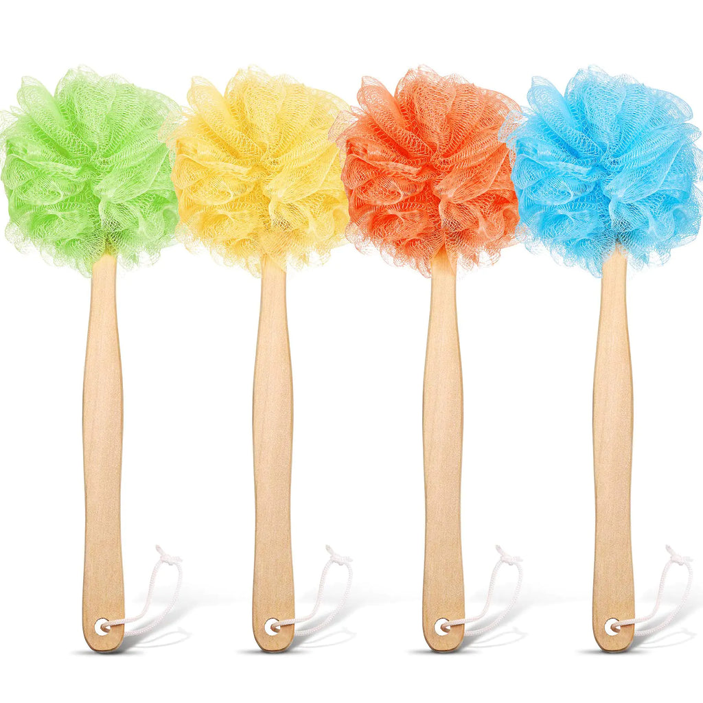 4 Pieces Loofah Back Scrubber Bath Sponge with Wooden Handle Long Handle Sponge Mesh on a Stick for Shower Exfoliating Bath Body Brush Luffa Back Brush for Women Men (Blue Orange Yellow Green)