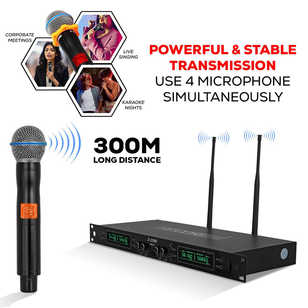 5 Core Wireless Microphone System 4 Channel UHF 492F Range Portable