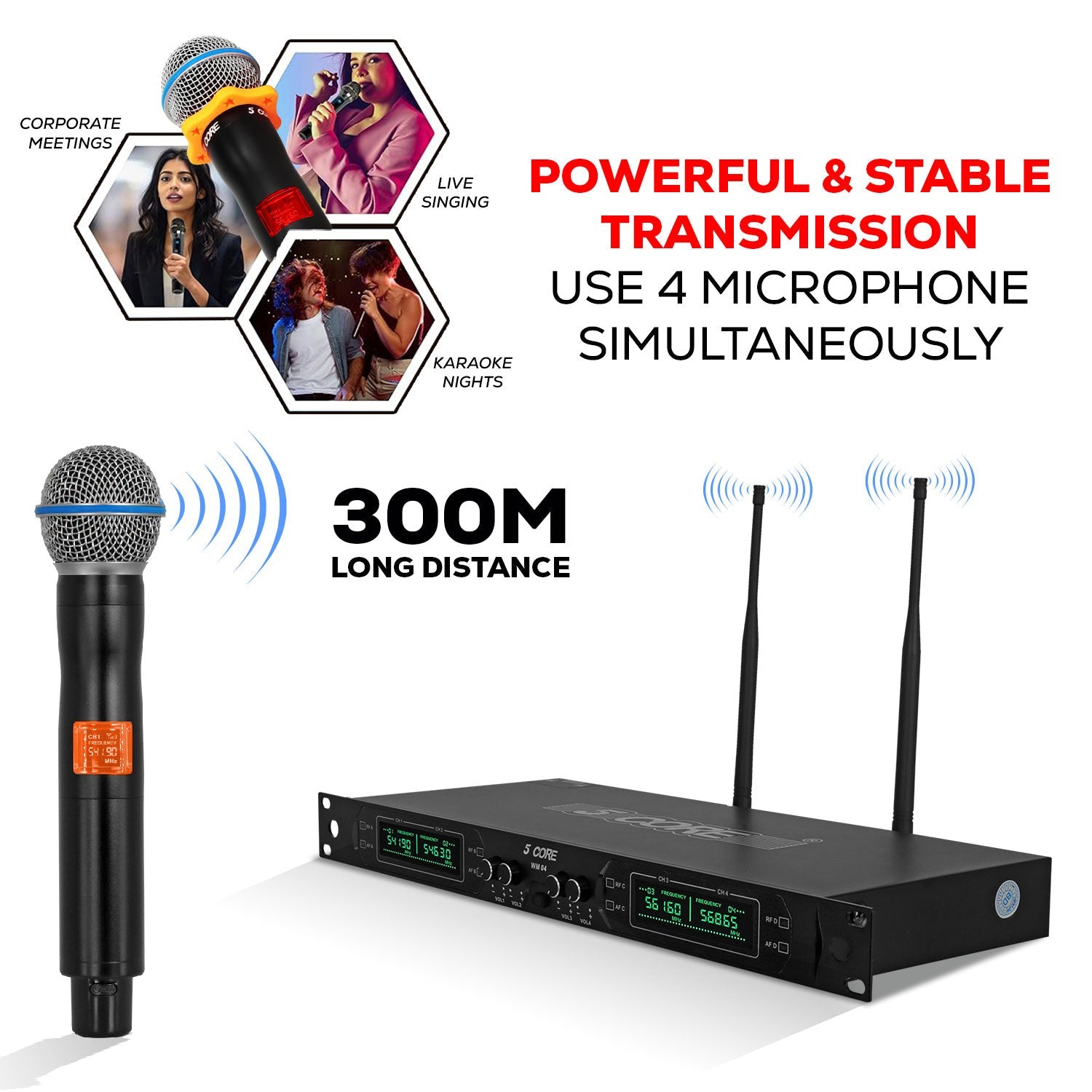 5 Core Wireless Microphone System 4 Channel UHF 492F Range Portable
