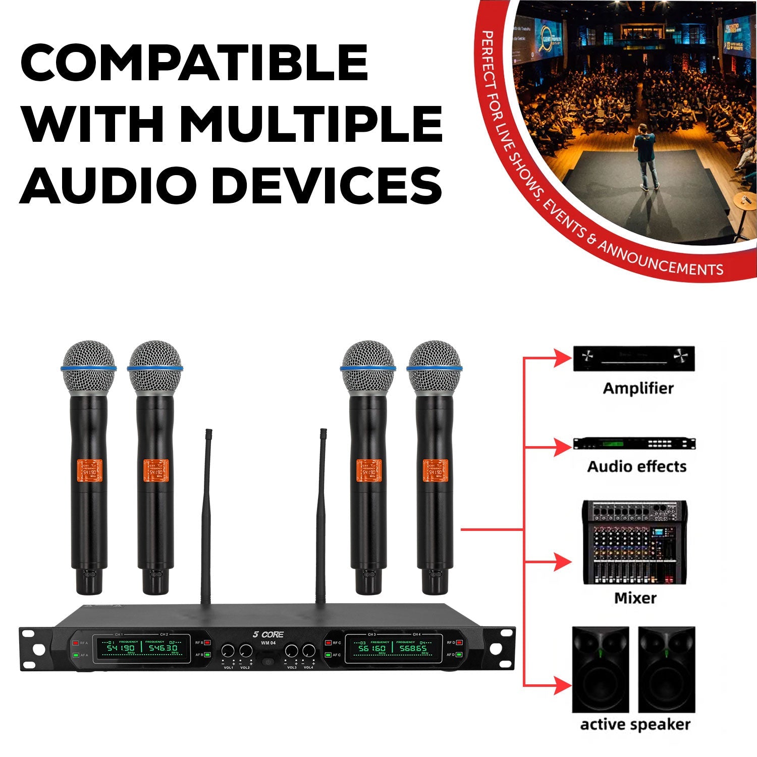 5 Core Wireless Microphone System 4 Channel UHF 492F Range Portable