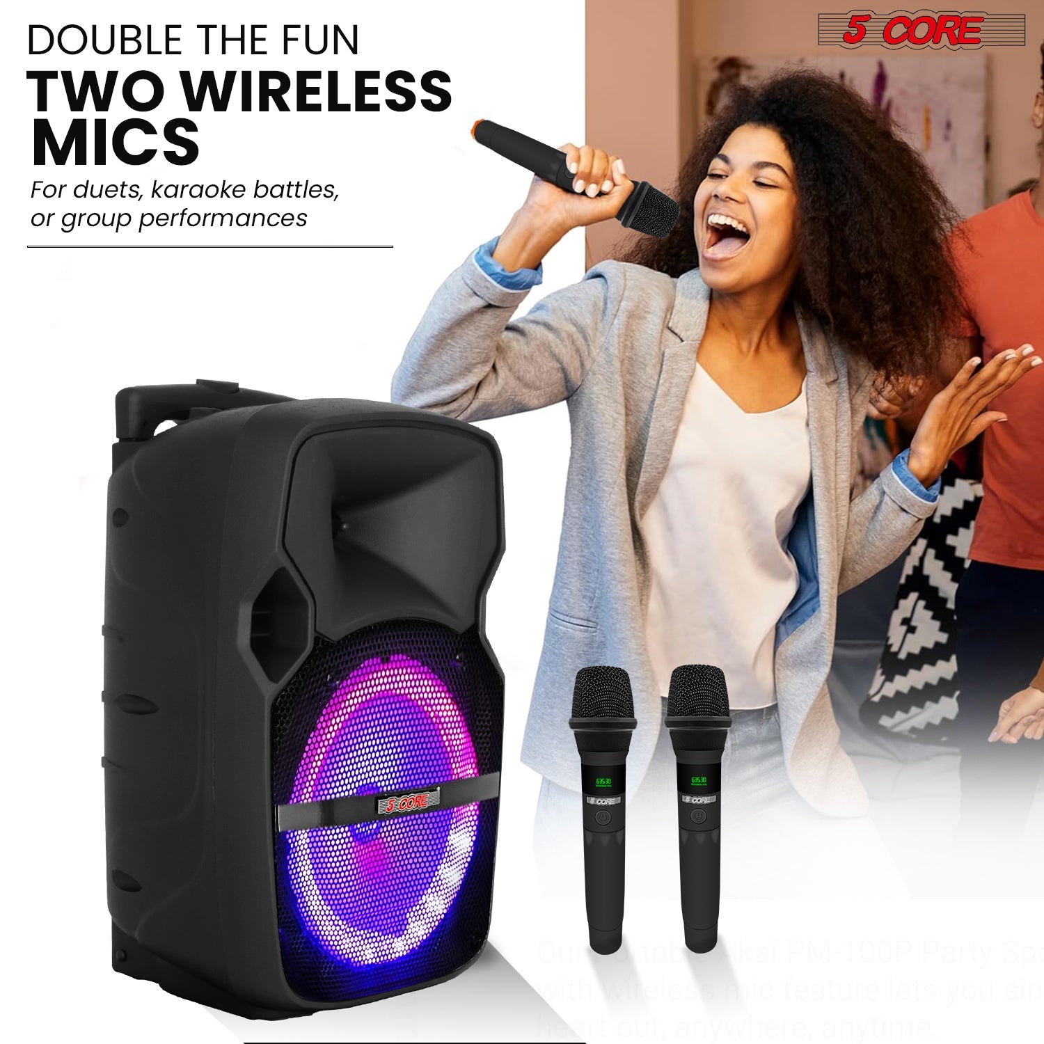 5Core 10 inch PA Portable Bluetooth Party Speaker Karaoke Boombox + 2