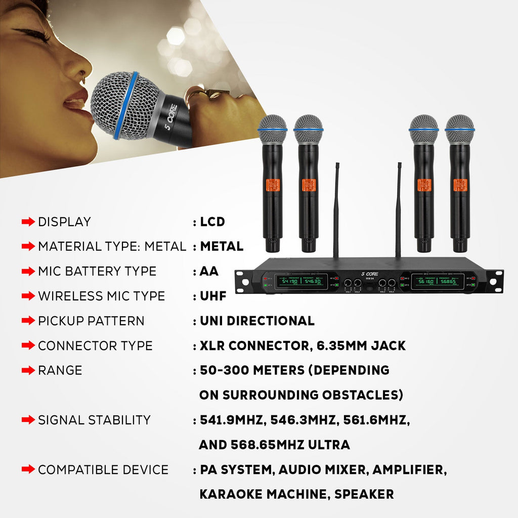 5 Core Wireless Microphone System 4 Channel UHF 492F Range Portable