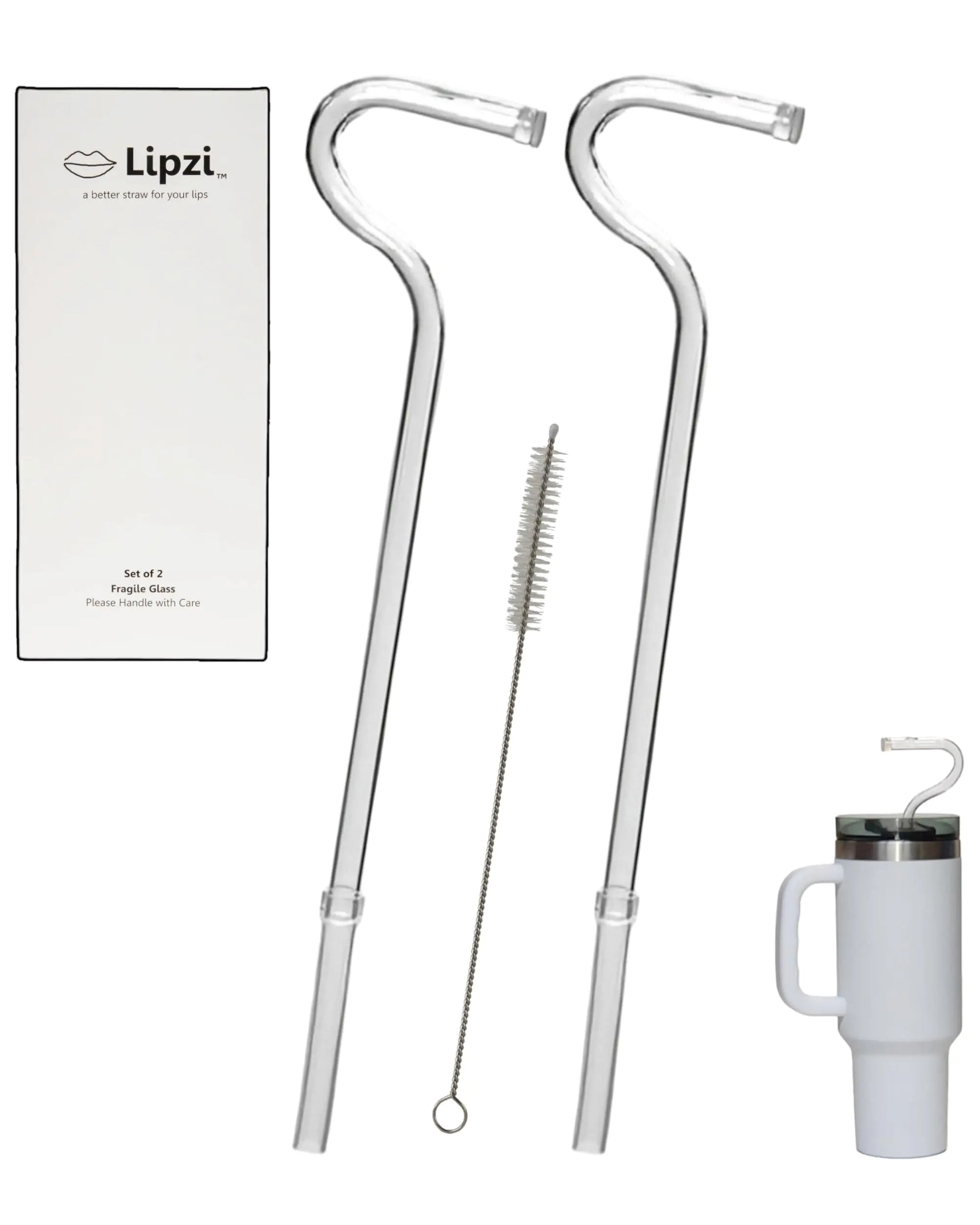 Lipzi - Anti Wrinkle Straw - Glass anti-wrinkle drinking straws for 40oz Tumbler Clear Reusable Straws with Cleaning Brush - Eco-Friendly Alternative to Plastic - Cleaning Brush Included - 2 Pack