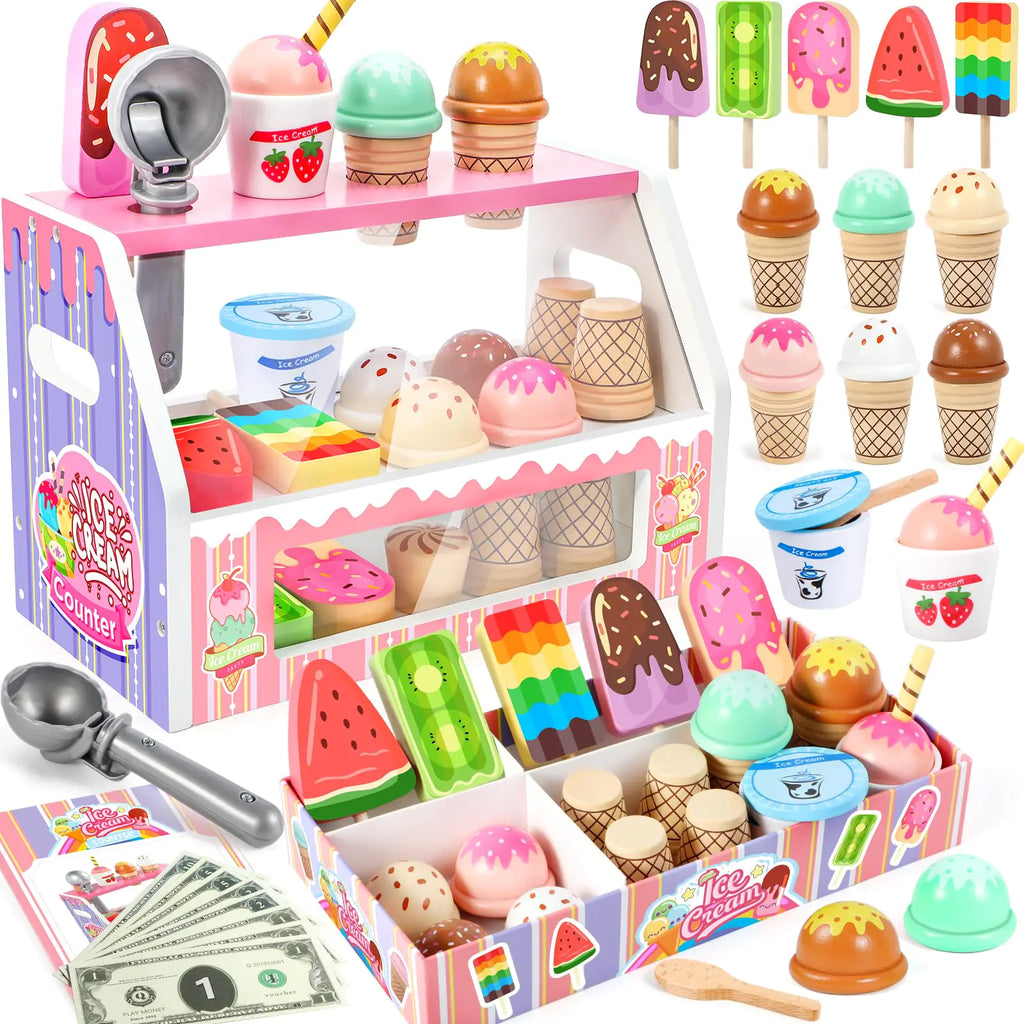 Loscola Ice Cream Toy Wooden Ice Cream Toys for Kids Toddlers Pretend Play Kitchen Food Toys Ice Cream Counter Shop Playset for Kids Kids Ice Cream Cart Toys for 3 4 5 6 7 8 Year Old Girls Boys