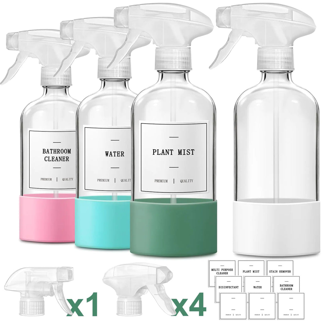 GMISUN Glass Spray Bottles for Cleaning Spray Bottles for Cleaning Solutions 16oz Reusable Spray Bottle for Plants 4Pack Clear Cleaning Spray Bottle - 4 No Leak Nozzles Silicone Sleeve Labels