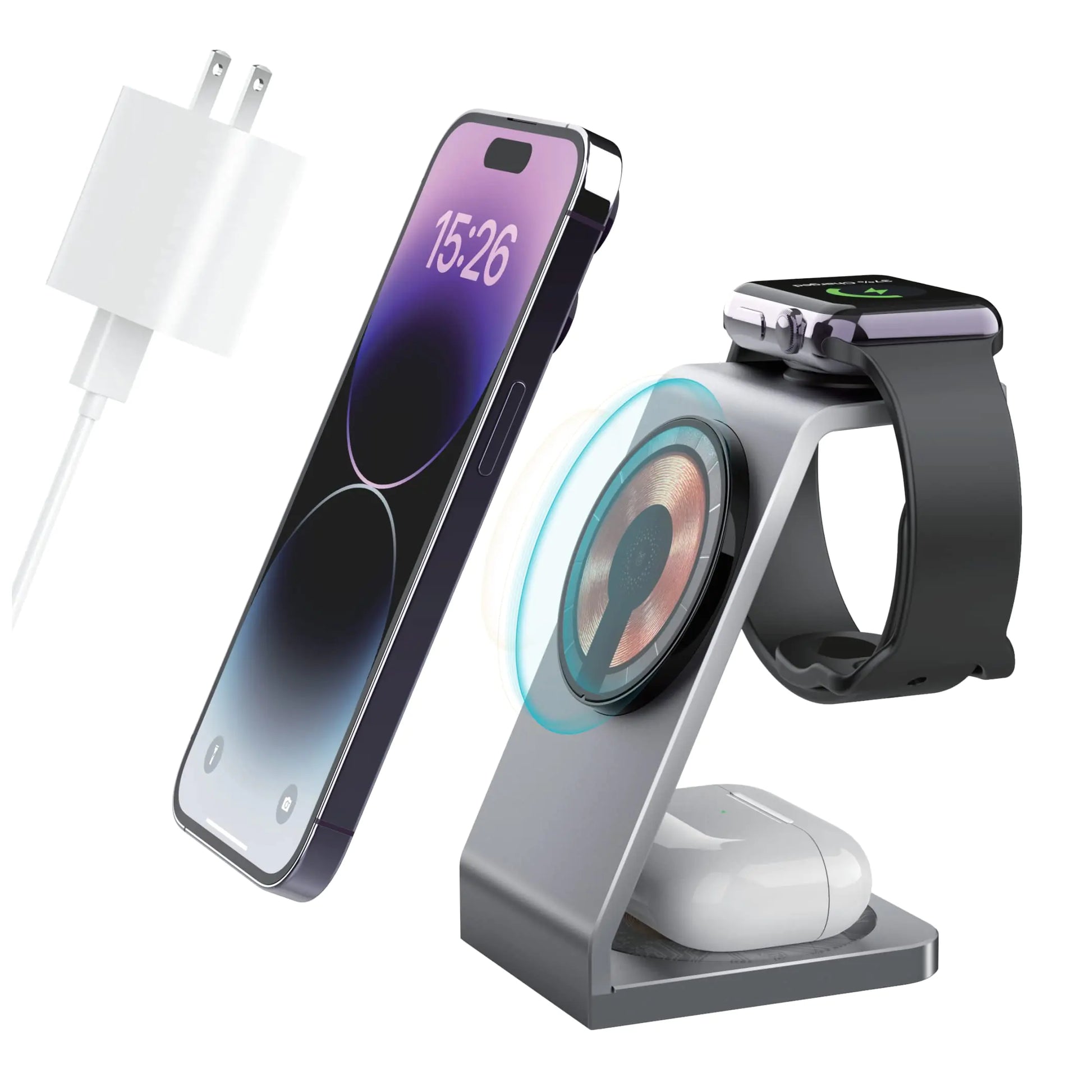 Elestur Aluminum Alloy Magnetic Wireless 3 in 1 Charging Station Fast Wireless Charging Station Compatible with MagSafe Charger Stand for iPhone 14 13 12 Mini/Max/Pro/Plus Airpods and Apple Watch