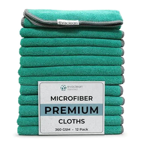 EvaClean Premium Microfiber Cleaning Cloth 16"x16" - Reusable Washable Non-Scratch Microfiber Towels for Cleaning Dusting Polishing High Absorbency & Durability Green 12-Pack
