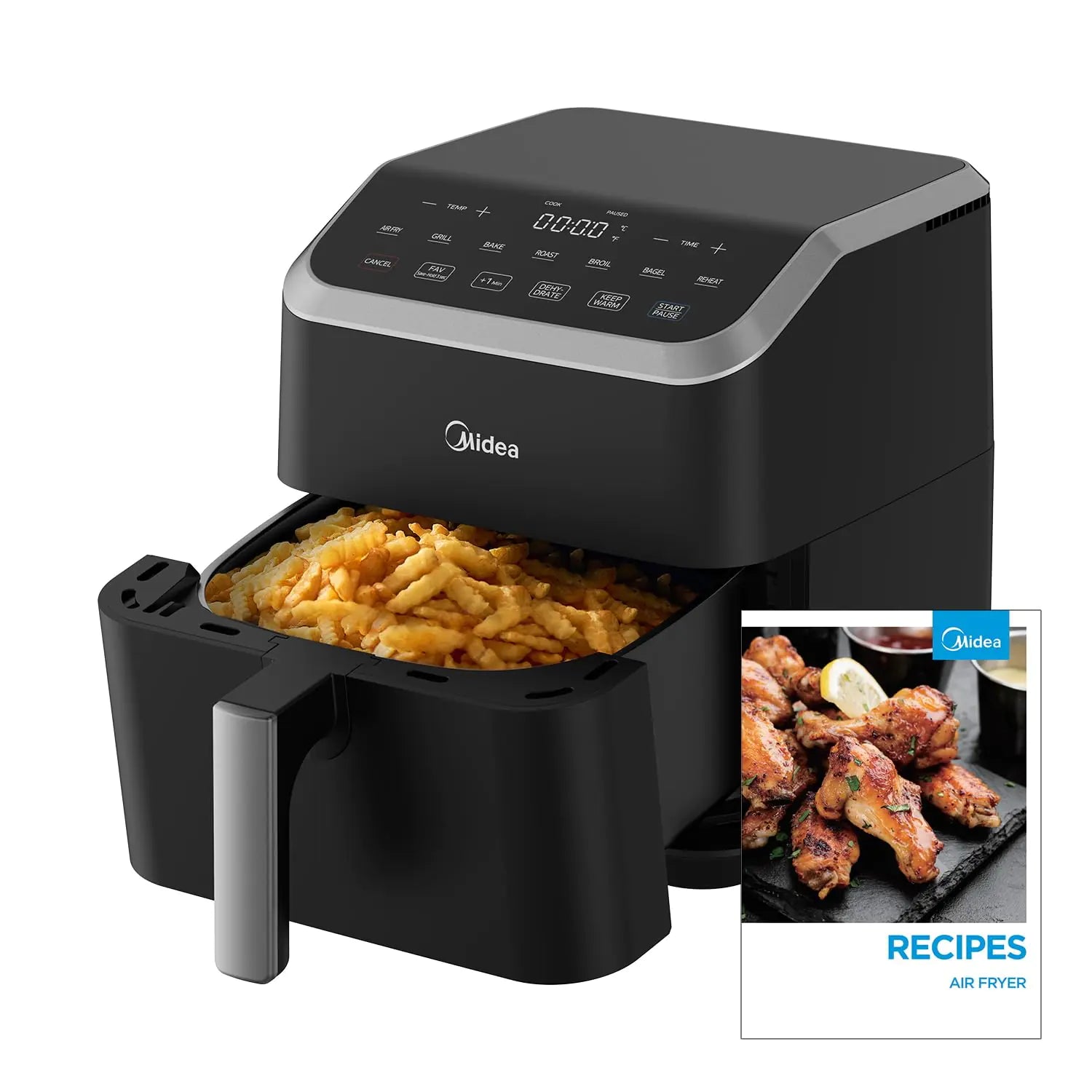 Midea Air Fryer 5.5QT Heatexpress Rapid Air Technology 9 Preset Menus Quick and Easy Meals 1 Minute Button and Favorite Function 90% less oil Easy to Clean Varied Recipes