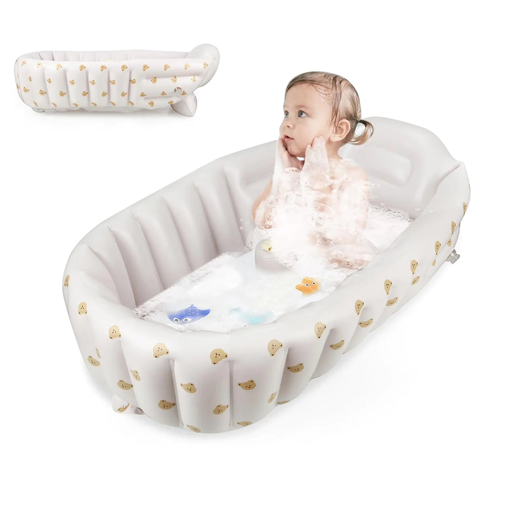 PandaEar Inflatable Bathtub for Toddlers Collapsible Portable Bathtub for Kids Travel Baby Bathtub with Air Pump Non-Slip Shower Basin（Bears White）